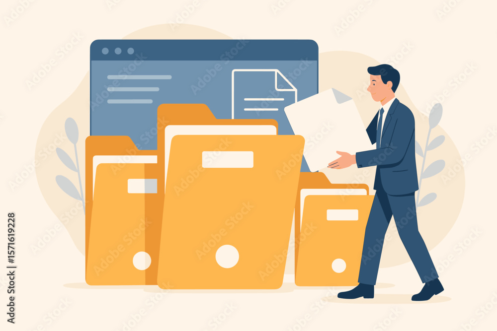 Poster file management and document organization concept. businessman sorting digital files into folders. o
