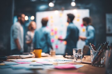 Co-workers engage in collaborative schedule planning during a brainstorming session in a creative workspace filled with sticky notes and ideas