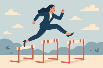 Overcome obstacle, challenge concept. Businesswoman jumping over hurdles. Metaphor for success journey, career progress, aspirations, determination and effort to succeed.