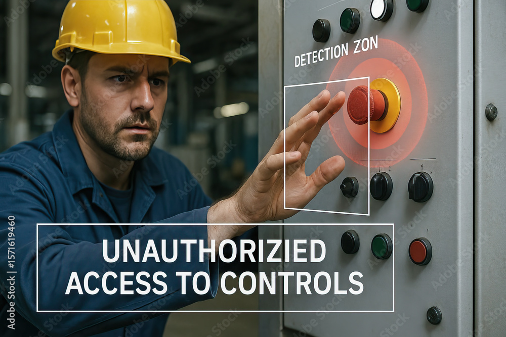 Poster unauthorized access to control panel with emergency stop button being pressed by industrial worker w
