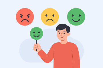 Customer satisfaction rating and client feedback review concept. Man gives positive emotion with happy smile emoji. Survey with angry, sad and like faces. Employee ranking.