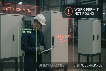 Maintenance person work permit detection zone industrial safety factory worker safety helmet clipboard industrial cabinet compliance check protective gloves factory interior safety inspection