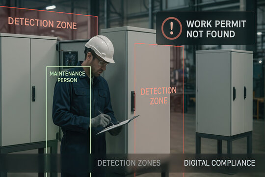 Maintenance person work permit detection zone industrial safety factory worker safety helmet clipboard industrial cabinet compliance check protective gloves factory interior safety inspection