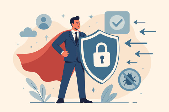 Businessman superhero with a shield protecting from cyber attack. Security, safety, and privacy concept. Data protection, antivirus, and insurance metaphor for business.