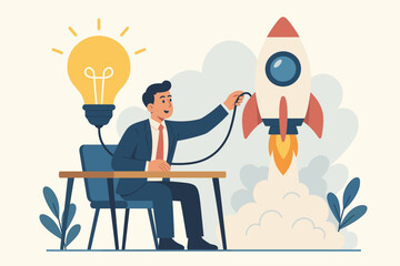 Startup launch concept. Businessman connecting an idea lightbulb to a rocket ship. From idea to execution. Metaphor for business growth, innovation, and project success.