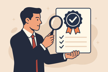 Quality control concept. Businessman inspects certified approval document with magnifying glass. Corporate policy compliance, standard assurance, and guarantee checklist. Vector.