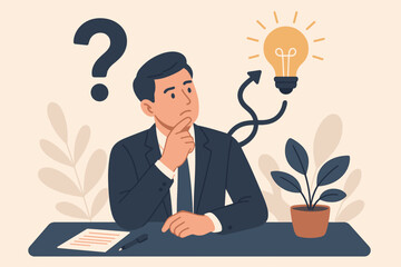 Problem solving concept with businessman thinking. Path from question mark to lightbulb idea. Critical thinking, root cause analysis, resolving issues and finding a solution.