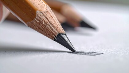 Close-up of two sharpened writing tools creating a mark on white paper