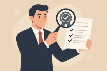 Standard and quality control concept. Businessman holds magnifying glass over certified approval seal on a checklist document. Corporate policy, compliance, guarantee, and assurance.