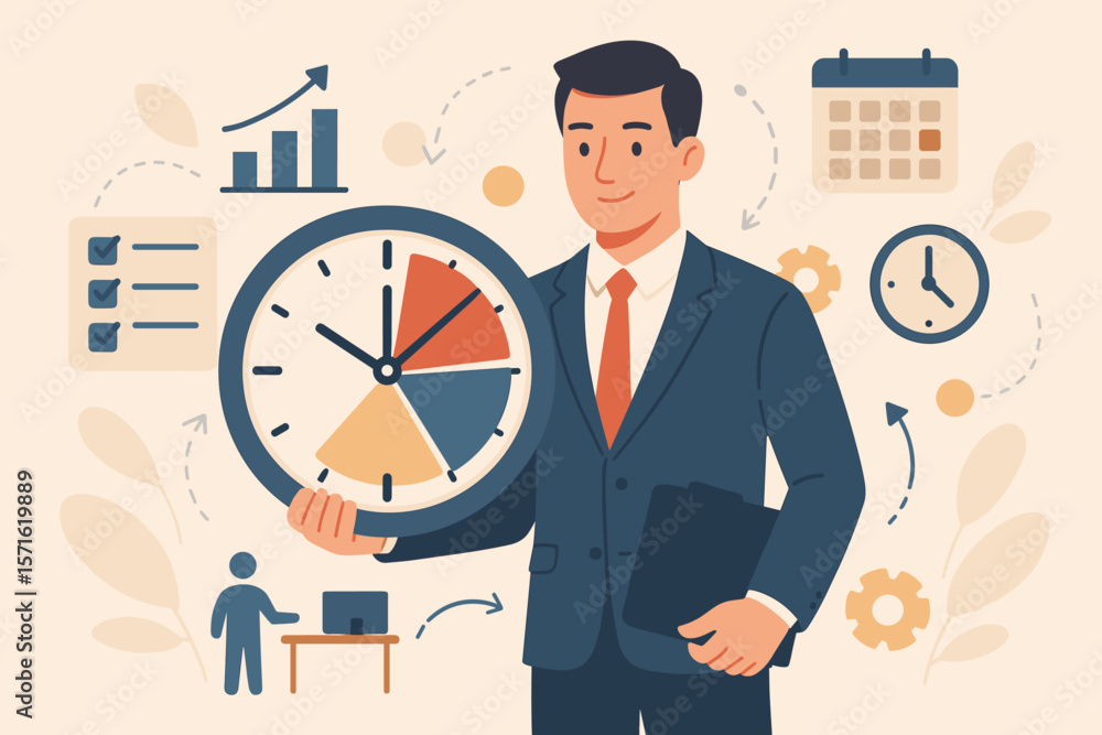 Poster time management concept with a businessman holding a clock symbolizing task prioritization. business
