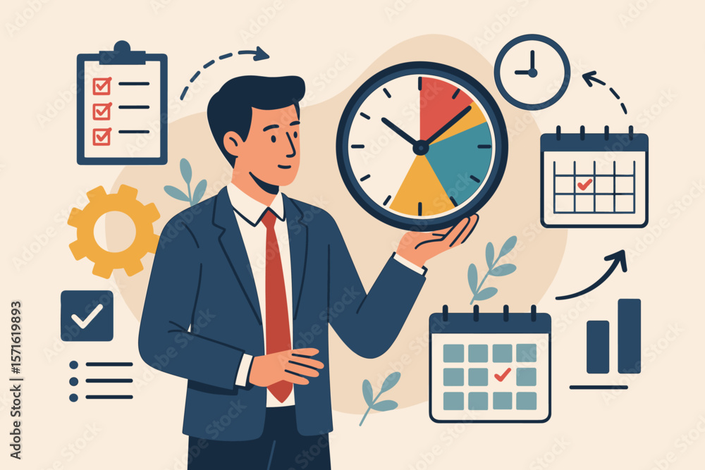 Poster time management concept with businessman planning schedule and prioritizing tasks. business producti