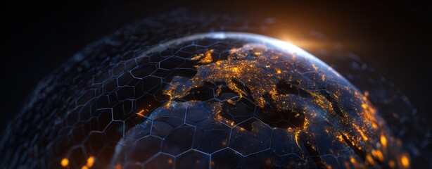 The glowing earth illuminated by a digital network at night.