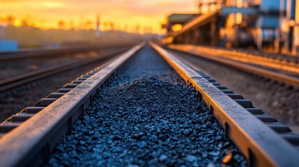 Fototapeta premium Railroad tracks at sunset, gravel bed