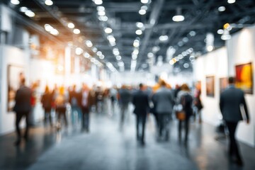 Crowds exploring exhibits at a vibrant expo showcasing innovative designs and technology in a bustling convention center during a weekend event