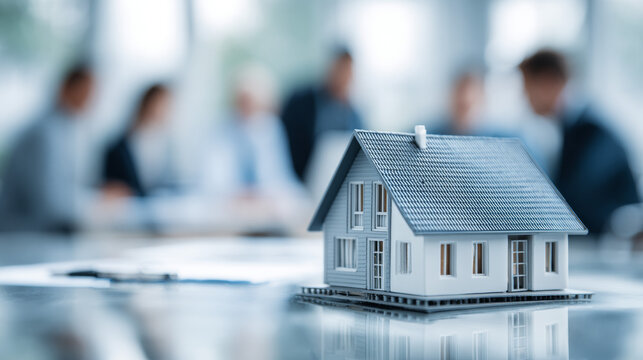 Focused photo of a house model with agents in the background gathering data for real estate investment decisions