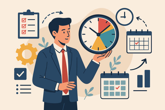 Time management concept with businessman planning schedule and prioritizing tasks. Business productivity, efficiency, workflow strategy for success. Managing deadlines with calendar and checklist.