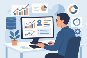 Analyst working on computer with business analytics dashboard. Man creating report with KPI metrics from database. Corporate strategy, data management system concept vector.
