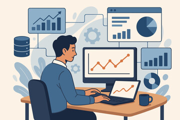 Data analyst works on computer with BI dashboard. Business analytics and management system for reporting financial statistics. KPI metrics from database for corporate strategy.