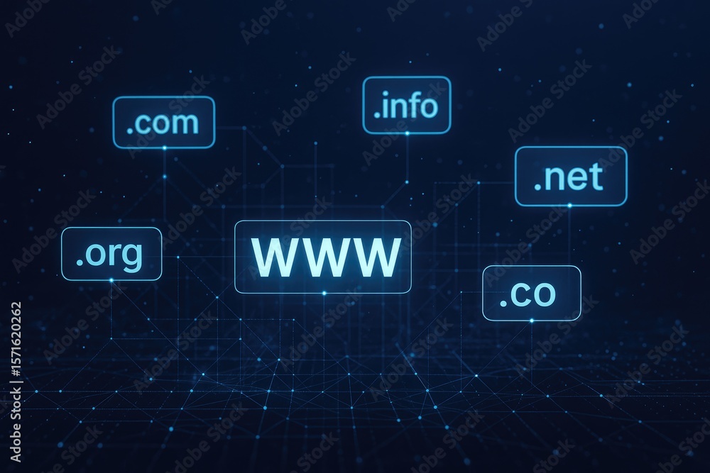 Poster glowing blue digital domain names and www text on dark network background internet