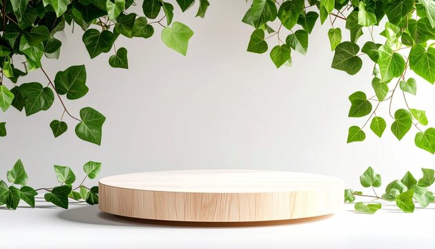 Minimalist birch wood platform with trailing green ivy trailing vines nature