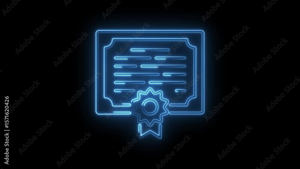 Poster animated neon style certificate icon loop with glow effect on black background