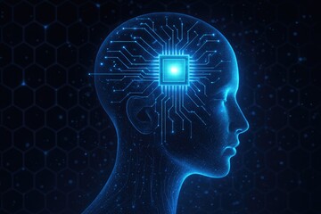 Glowing Blue Human Head Circuitry With Central Processor artificial intelligence