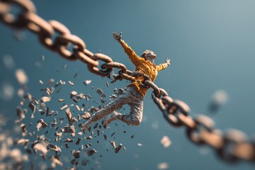 Person breaking free from chains in a dynamic display of liberation with flying debris against a dramatic sky backdrop during a moment of triumph