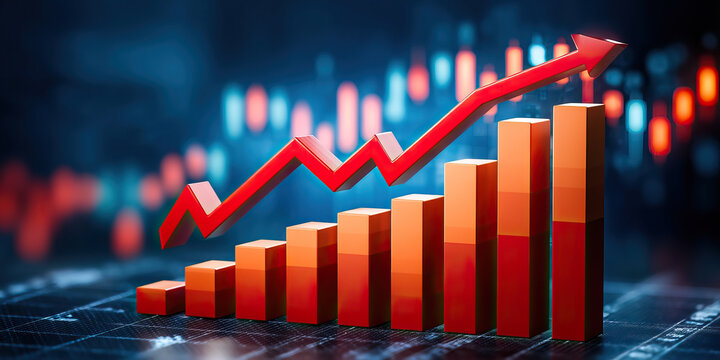 Rising red arrow on orange bar chart shows trade growth impact despite tariff and war challenges in global market with financial data background and glowing candlestick graph