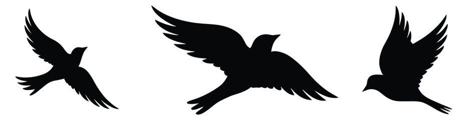 Collection of black bird silhouettes in flying poses against a white background