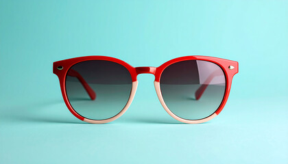 Red and beige sunglasses with dark lenses are displayed against a light blue background.