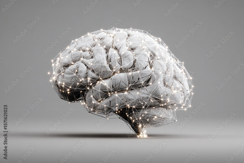 Poster neural network representation showcasing the intricate connections and structures of a brain in a mo