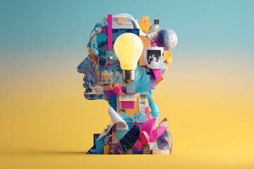 Colorful artistic collage representing a person's head with diverse elements of creativity and ideas showcased, highlighting inspiration and imagination in a bright environment