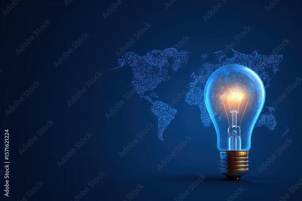 Aufkleber abstract illustration of an incandescent bulb glowing against a blue background with a world map com