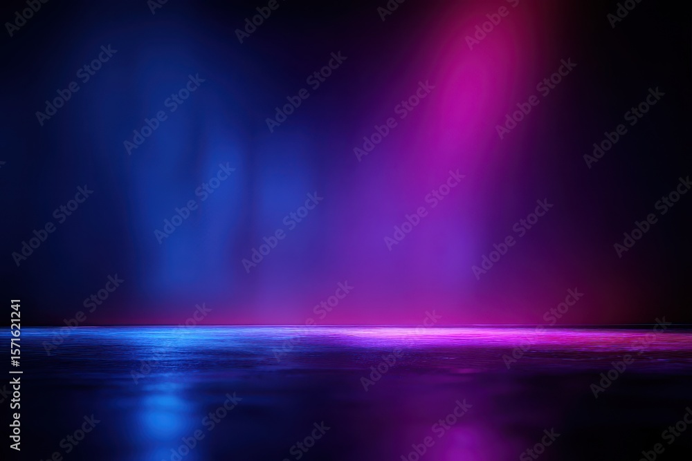 Poster empty dark stage illuminated in shades of blue and purple with reflections on the floor creating a m