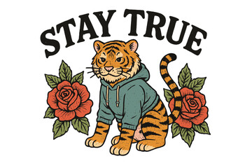 Obraz premium Cute tiger in a hoodie with roses and the phrase Stay True, showcasing a playful design with vibrant colors