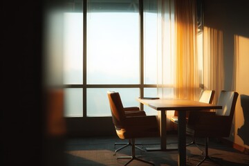 Bright office space featuring a window table with chairs during the morning sunlight, promoting a calm and productive work atmosphere