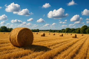 Golden hay bales in a sunlit field under a blue sky with fluffy clouds golden field