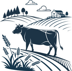 Rural Farm Cow in Wheat Field – Scenic Landscape Vector