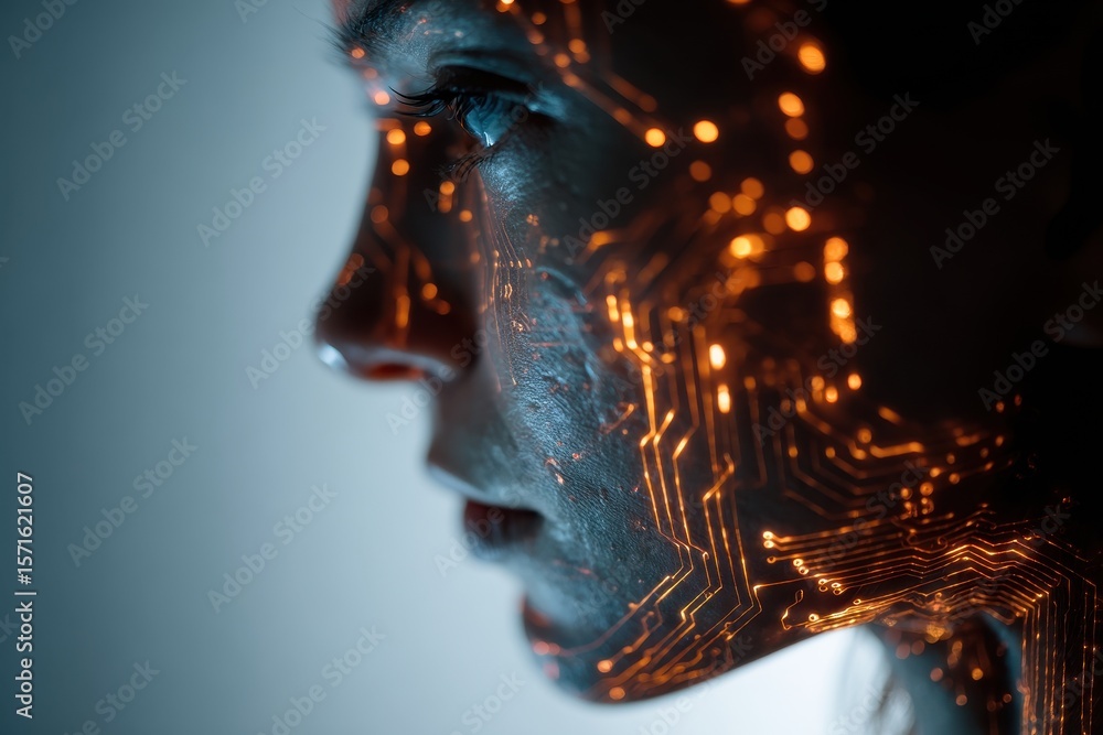 Poster digital human profile illuminated by glowing circuits showcases the fusion of technology and humanit