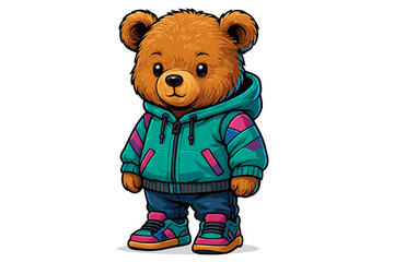 Cute cartoon bear character dressed in colorful streetwear standing upright in a playful pose