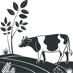  Cow in Rolling Hills Landscape – Farm Animal Vector Design
