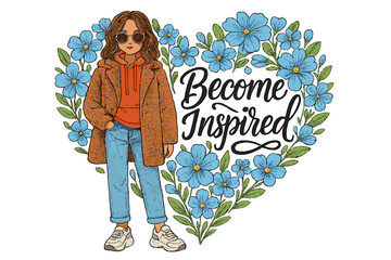 Young woman wearing a cozy outfit and sunglasses stands confidently surrounded by blue flowers forming a heart shape