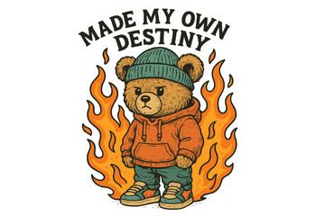 Cool bear character in a hoodie stands confidently amidst flames showcasing self-empowerment and individuality