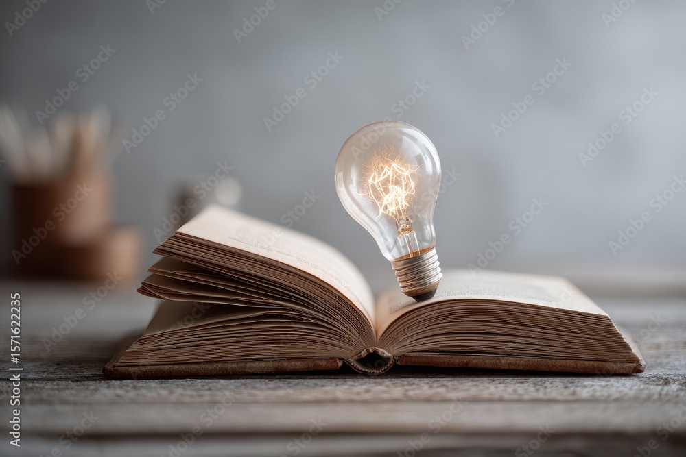 Poster open book with illuminated light bulb creating ideas on wooden table in cozy workspace setting