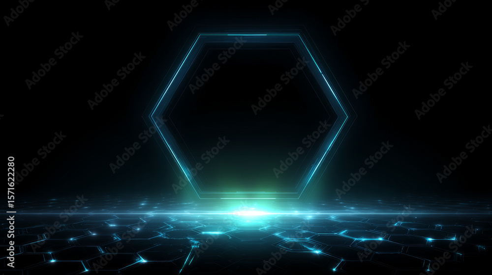 Aufkleber dark hexagon abstract technology background with blue and green colored bright flashes under hexagon
