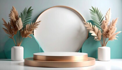 Round stage display with pampas grass and teal accents mockup podium