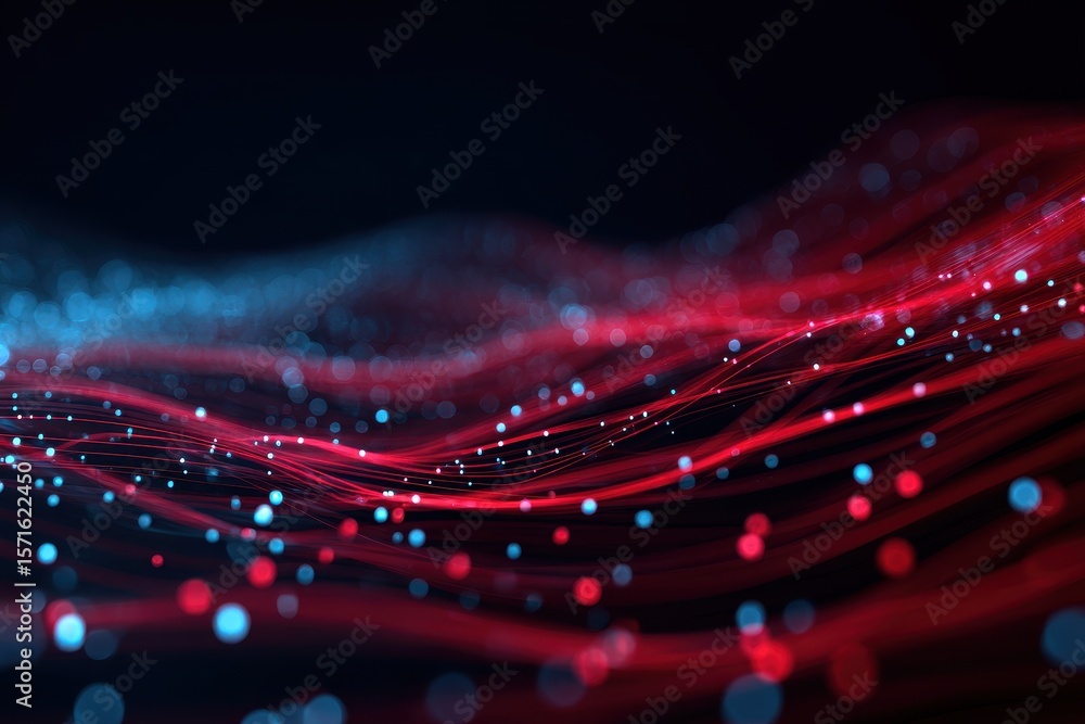 Poster futuristic abstract technology background featuring flowing red and blue waves with illuminated part