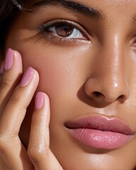 Beautiful closeup showcasing radiant skin and mauve makeup application