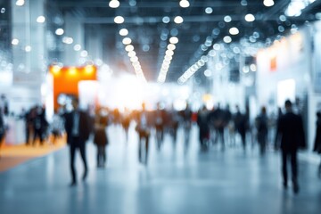 Busy expo hall filled with attendees exchanging ideas and exploring exhibits during a large convention event in an indoor venue