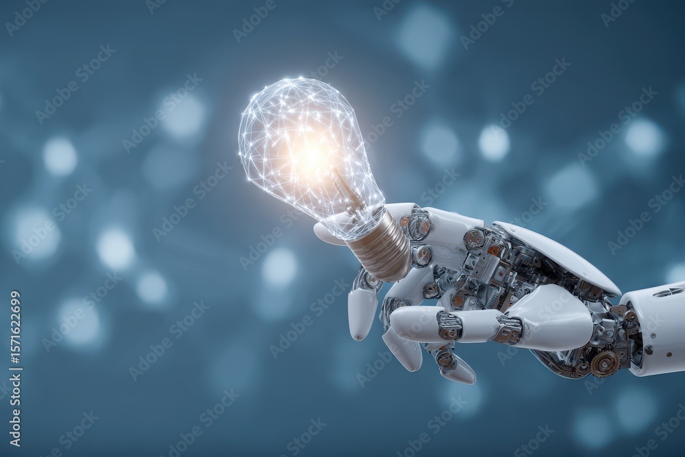 Poster robot hand holds glowing light bulb representing innovation and technology in a futuristic setting w